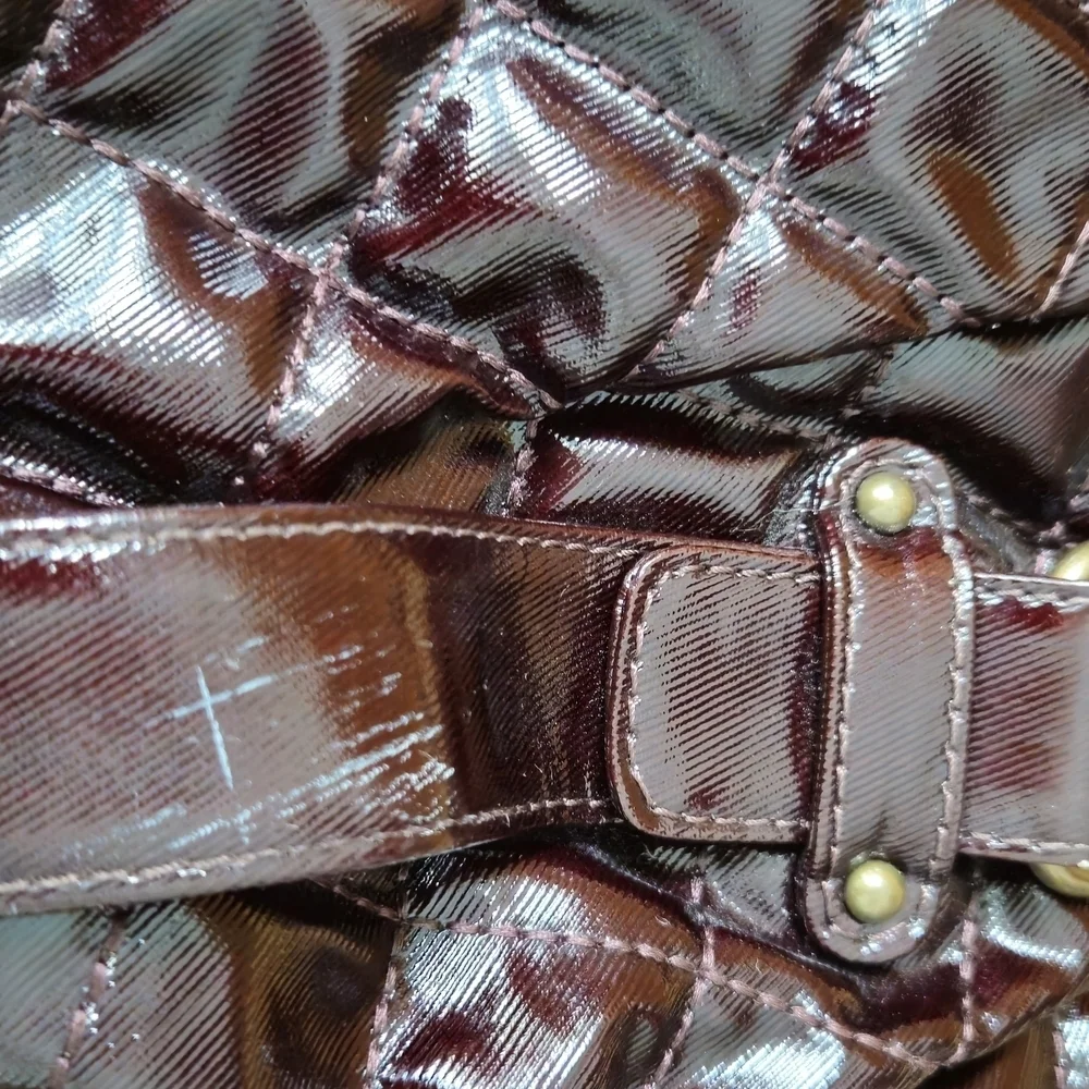 Maxx New York Majestic Hobo Patent Faux Leather Dark Brown Quilted Shoulder Bag
